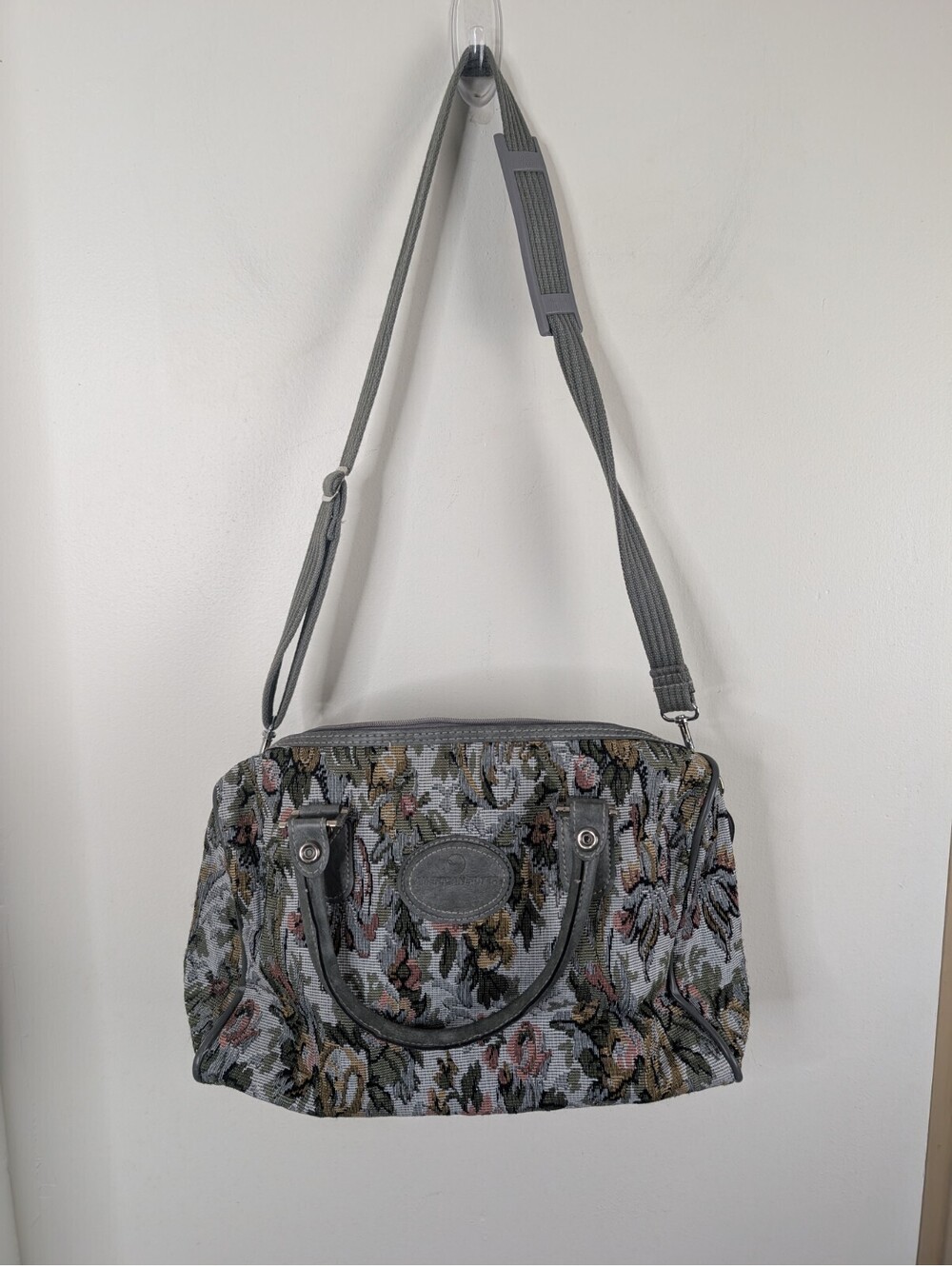 Vintage American Flyer Carry On Bag Gray Floral Tapestry Flowers 14x10" Duffel